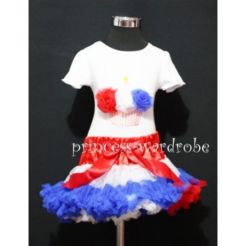 Red White Blue Pettiskirt With White Birthday Cake Short Sleeves Top with Red White Blue Rosettes SC81 