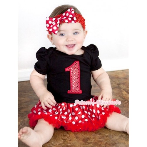 Black Baby Jumpsuit Minnie Dots Pettiskirt With 1st Sparkle Red Birthday Number Print With Red Headband Minnie Dots Satin Bow JS877 