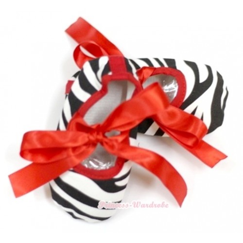 Zebra Crib Shoes With Hot Red Ribbon S533 