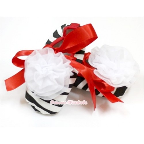 Zebra Crib Shoes With Hot Red Ribbon With White Rosettes S536 