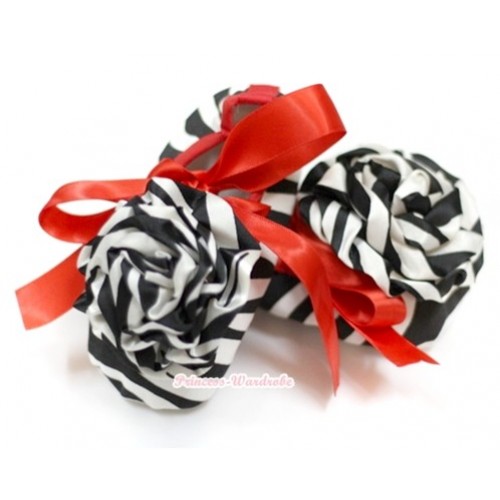 Zebra Crib Shoes With Hot Red Ribbon With Zebra Rosettes S537 