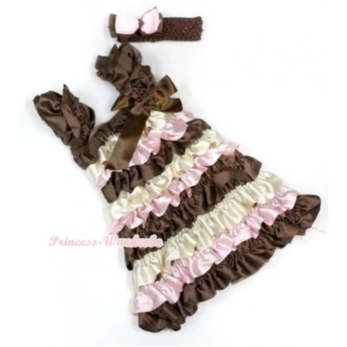 Brown Cream White Light Pink Satin Ruffles Layer One Piece Dress With Cap Sleeve With Brown Bow With Brown Headband Light Pink Brown Ribbon Bow RD020 