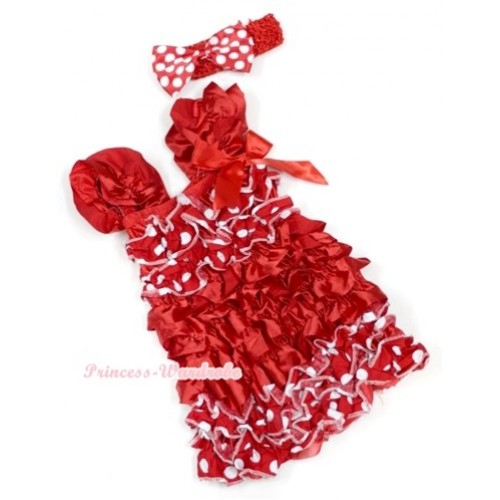 Red Minnie Polka Dots Satin Ruffles Layer One Piece Dress With Cap Sleeve With Red Bow With Red Headband Minnie Dots Satin Bow RD021 