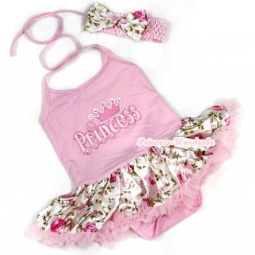 Light Pink Baby Halter Jumpsuit Light Pink Rose Fusion Pettiskirt With Princess Print With Light Pink Headband Light Pink Rose Fusion Satin Bow JS896 