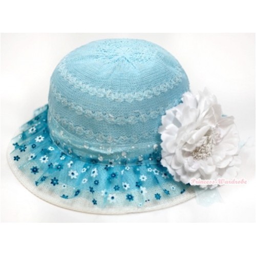 Light Blue Floral Pattern With Cute Bow Summer Beach Straw Hat With White Peony H698 
