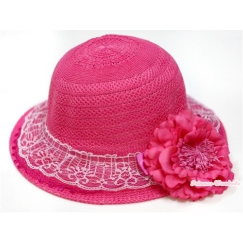 Hot Pink White Lace With Sparkle Bow Summer Beach Straw Hat With Hot Pink Peony H699 