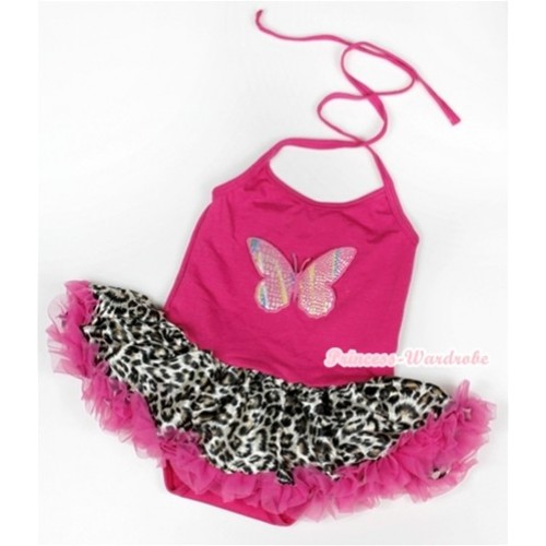 Hot Pink Baby Halter Jumpsuit Hot Pink Leopard Pettiskirt With Rainbow Butterfly Print JS912 