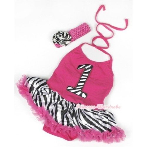 Hot Pink Baby Halter Jumpsuit Hot Pink Zebra Pettiskirt With 1st Zebra Birthday Number Print With Hot Pink Headband Zebra Rose JS946 