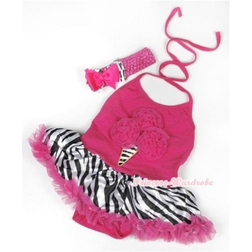 Hot Pink Baby Halter Jumpsuit Hot Pink Zebra Pettiskirt With Hot Pink Rosettes Zebra Ice Cream Print With Hot Pink Headband Hot Pink Zebra Ribbon Bow JS949 