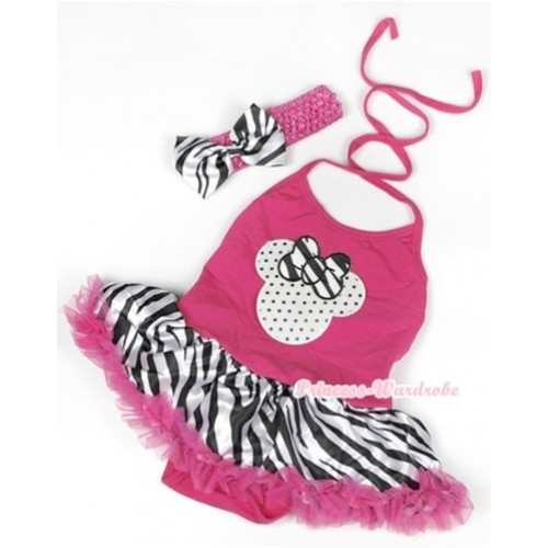 Hot Pink Baby Halter Jumpsuit Hot Pink Zebra Pettiskirt With Sparkle White Minnie Print With Hot Pink Headband Zebra Satin Bow JS951 