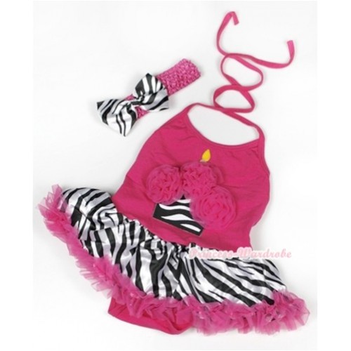 Hot Pink Baby Halter Jumpsuit Hot Pink Zebra Pettiskirt With Hot Pink Rosettes Zebra Birthday Cake Print With Hot Pink Headband Zebra Satin Bow JS952 