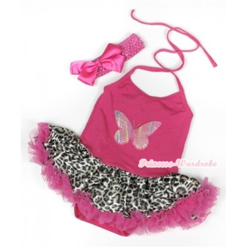 Hot Pink Baby Halter Jumpsuit Hot Pink Leopard Pettiskirt With Rainbow Butterfly Print With Hot Pink Headband Hot Pink Silk Bow JS933 