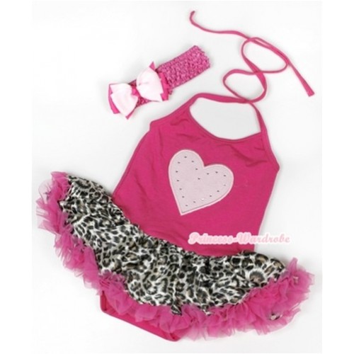 Hot Pink Baby Halter Jumpsuit Hot Pink Leopard Pettiskirt With Light Pink Heart Print With Hot Pink Headband Light Pink Hot Pink Ribbon Bow JS934 