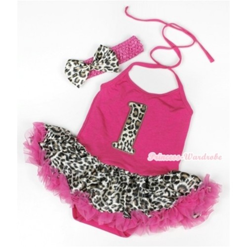 Hot Pink Baby Halter Jumpsuit Hot Pink Leopard Pettiskirt With 1st Leopard Birthday Number Print With Hot Pink Headband Leopard Satin Bow JS940 