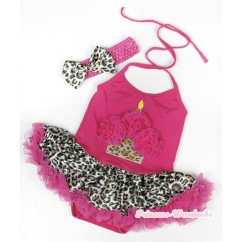Hot Pink Baby Halter Jumpsuit Hot Pink Leopard Pettiskirt With Hot Pink Rosettes Leopard Birthday Cake Print With Hot Pink Headband Leopard Satin Bow JS943 