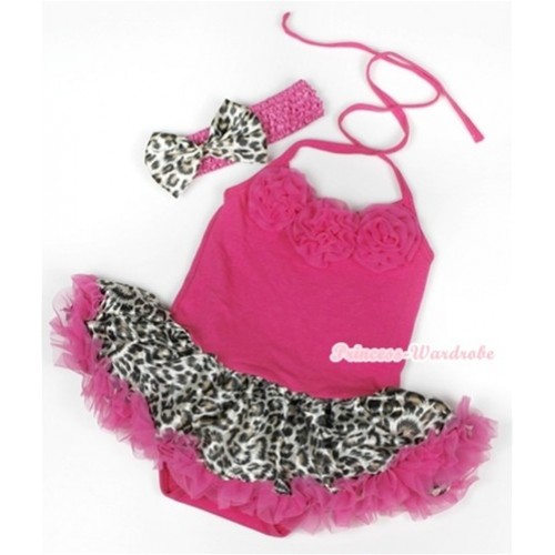 Hot Pink Baby Halter Jumpsuit Hot Pink Leopard Pettiskirt With Hot Pink Rosettes With Hot Pink Headband Leopard Satin Bow JS929 