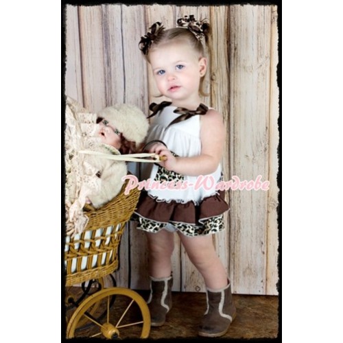 Brown Leopard White Swing Top with Brown Bow with Brown Leopard Ruffles White Panties Bloomers SP06 