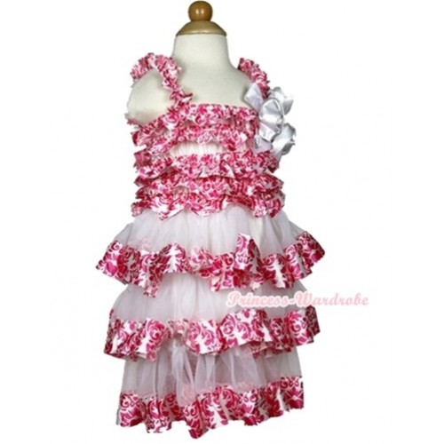 White Hot Pink Damask Satin Ruffles Layer One Piece Dress With Cap Sleeve With White Bow & Bunch Of White Satin Rosettes & Crystal RD032 