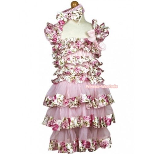 Light Pink Rose Fusion Satin Ruffles Layer One Piece Dress With Cap Sleeve With Light Pink Bow With Light Pink Headband Light Pink Rose Fusion Satin Bow RD034 