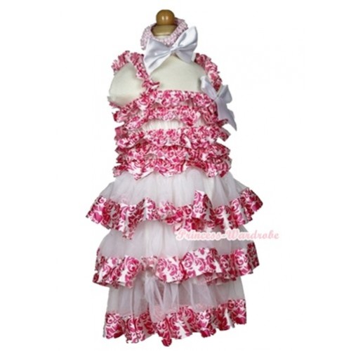 White Hot Pink Damask Satin Ruffles Layer One Piece Dress With White Bow With Light Pink Headband White Satin Bow RD036 