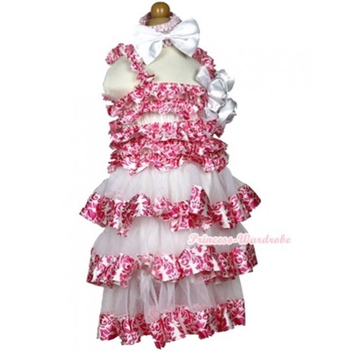 White Hot Pink Damask Satin Ruffles Layer One Piece Dress With White Bow & Bunch Of White Satin Rosettes & Crystal With Light Pink Headband White Satin Bow RD040 