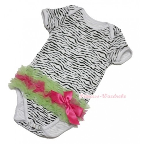 Zebra Print Baby Jumpsuit with Light Green Hot Pink Light Green Ruffles & Hot Pink Silk Bow TH330 