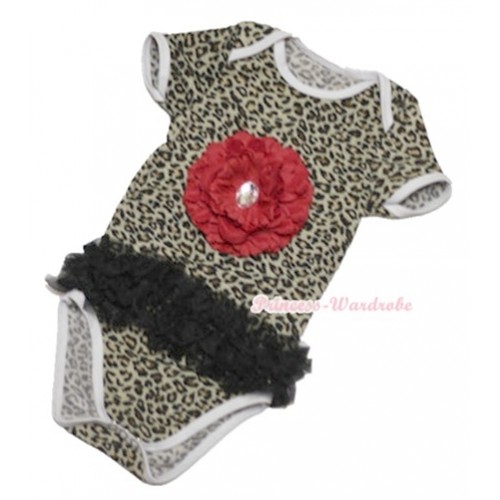 Leopard Baby Jumpsuit with Triple Black Ruffles & Red Peony TH331 