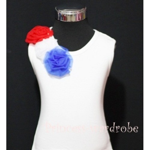 White Tank Tops with Red Blue White Oblique Rosettes T65 
