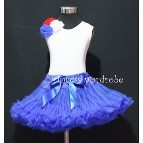 Royal Blue Pettiskirt With White Tank Top with Bunch of Red Royal Blue White Rosettes M171 