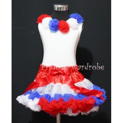 White Tank Top with Six Red White Blue Rosettes & Red White Blue Pettiskirt M180 