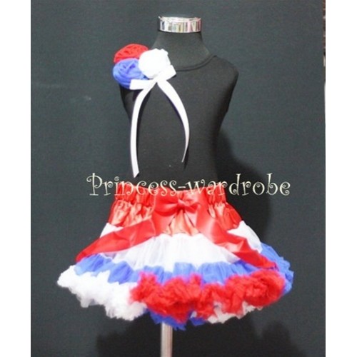 Red White Blue Mix Pettiskirt With Black Tank Top With Bunch Red White Blue Rosettes with White Bow MW21 
