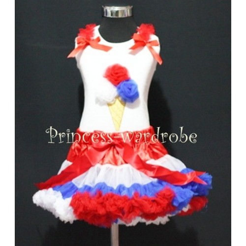Red White Blue Pettiskirt With Red White Blue Ice Cream White Tank Top with Red Ruffles&Bow MS316 