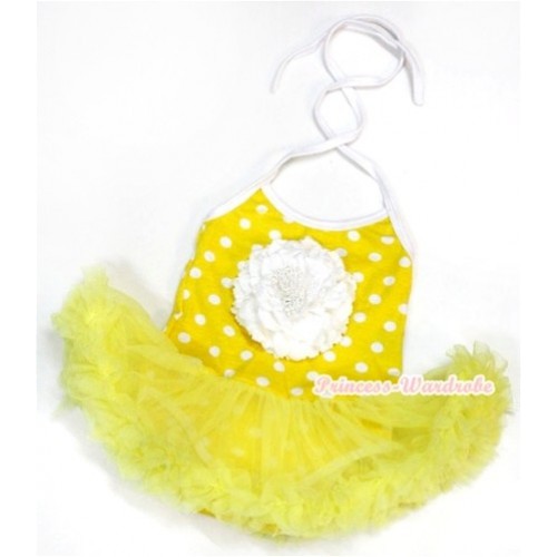 Yellow White Dots Baby Halter Jumpsuit Yellow Pettiskirt With White Peony JS962 