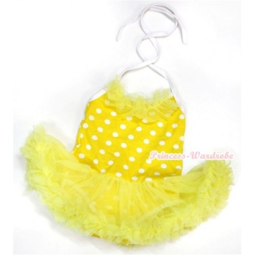 Yellow White Dots Baby Halter Jumpsuit Yellow Pettiskirt With Yellow Chiffon Lacing JS968 