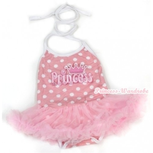 Light Pink White Dots Baby Halter Jumpsuit Light Pink Pettiskirt With Princess Print JS974 