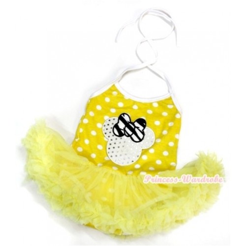 Yellow White Dots Baby Halter Jumpsuit Yellow Pettiskirt With Sparkle White Minnie Print JS990 