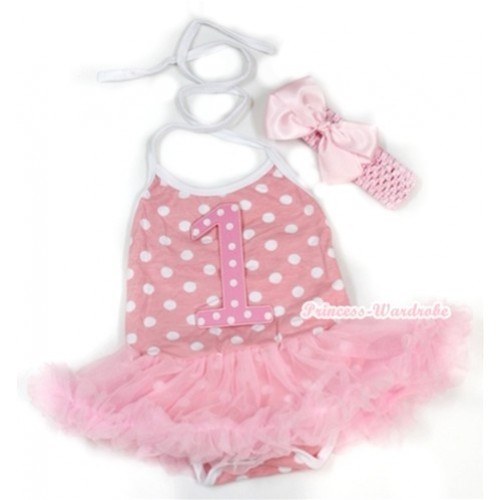 Light Pink White Dots Baby Halter Jumpsuit Light Pink Pettiskirt With 1st Light Pink White Dots Birthday Number Print With Light Pink Headband Light Pink Silk Bow JS1004 