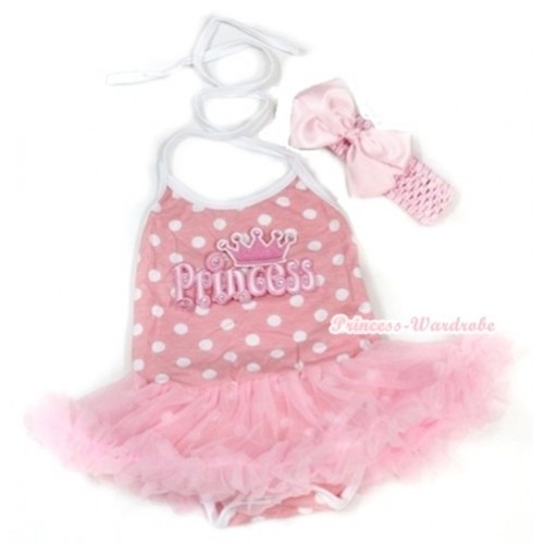 Light Pink White Dots Baby Halter Jumpsuit Light Pink Pettiskirt With Princess Print With Light Pink Headband Light Pink Silk Bow JS1005 