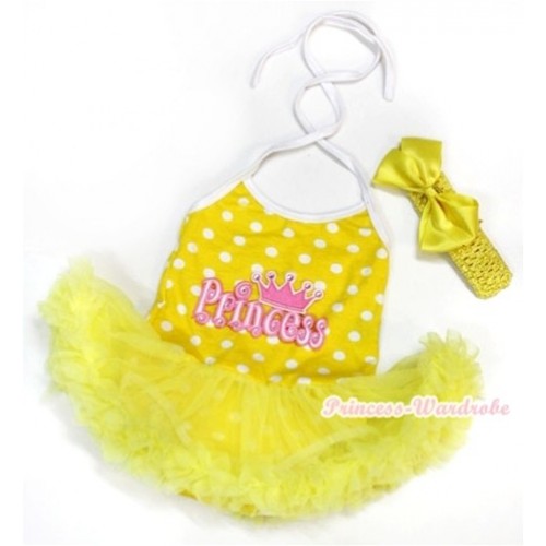 Yellow White Dots Baby Halter Jumpsuit Yellow Pettiskirt With Princess Print With Yellow Headband Yellow Silk Bow JS1023 