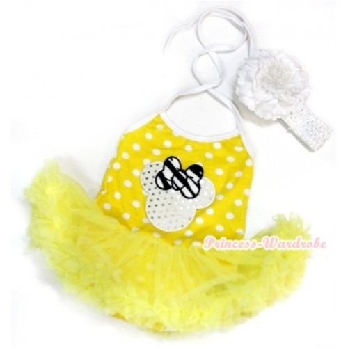 Yellow White Dots Baby Halter Jumpsuit Yellow Pettiskirt With Sparkle White Minnie Print With White Headband White Peony JS1024 