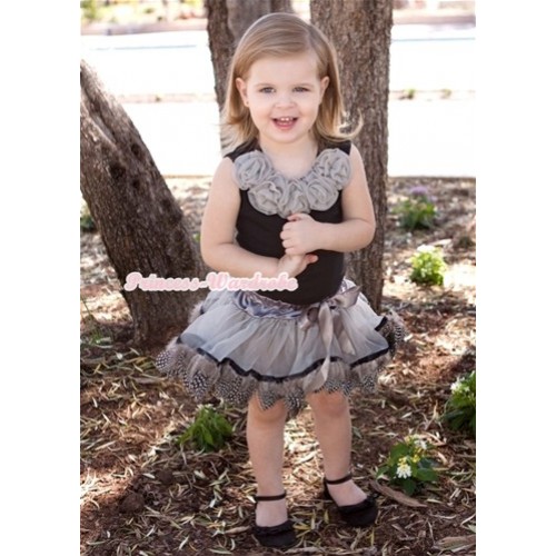 Black Tank Tops With Grey Rosettes With Silver Grey Feather Pettiskirt MW219 