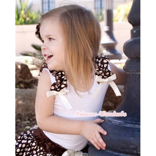 White Tank Top with Brown Golden Dots Ruffles and Cream White Bow T493 