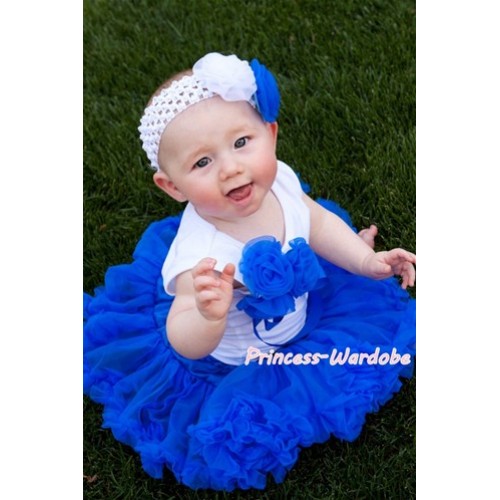 White Baby Pettitop with Bunch of Royal Blue Rosettes & Royal Blue Ribbon with Royal Blue Baby Pettiskirt NG900 