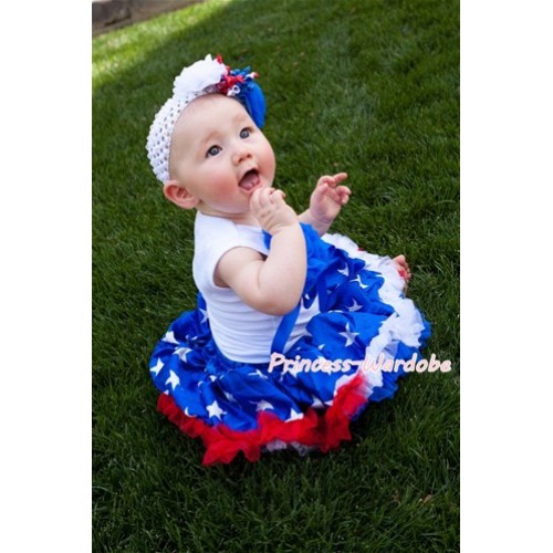 White Baby Pettitop & Bunch of Royal Blue Rosettes & Royal Blue Ribbon with Patriotic America Star Baby Pettiskirt NG903 