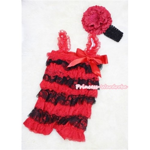 Xmas Red Black Layer Chiffon Romper with Red Bow & Red Straps with Black Headband Set RH36 
