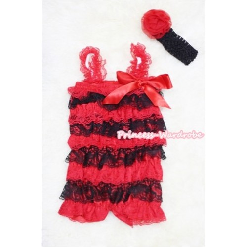 Xmas Red Black Layer Chiffon Romper with Red Bow & Red Straps with Black Headband Set RH37 