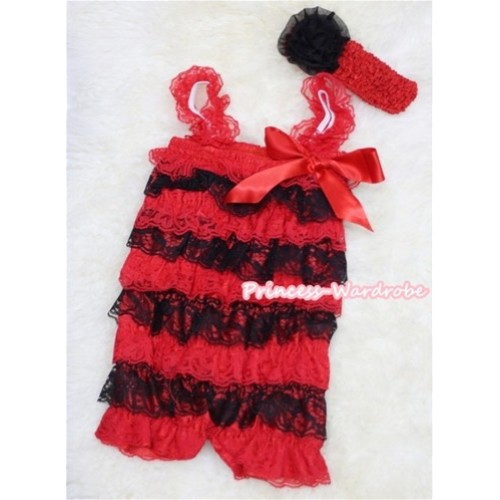 Xmas Red Black Layer Chiffon Romper with Red Bow & Red Straps with Red Headband Set RH38 