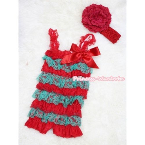 Xmas Red Green Layer Chiffon Romper with Red Bow & Red Straps with Red Headband Set RH39 