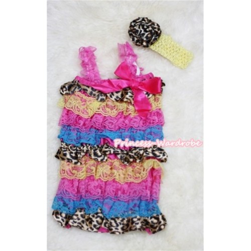 Rainbow Leopard Layer Chiffon Romper with Hot Pink Bow & Hot Pink Straps with Yellow Headband Set RH40 