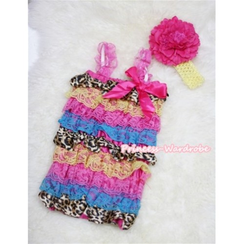 Rainbow Leopard Layer Chiffon Romper with Hot Pink  Bow & Hot Pink Straps with Yellow Headband Set  RH41 
